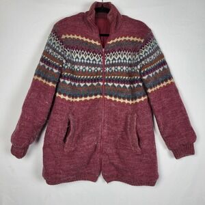 Vintage Sweater Jacket Women's Pink Medium Fair Isle Reversible Full Zip Fuzzy